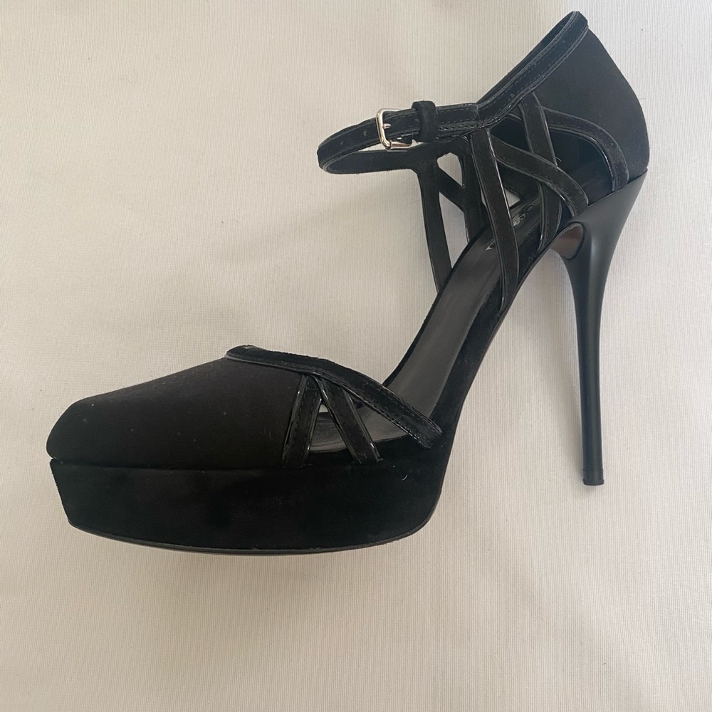 Calvin Klein Collection Black Satin & Suede Platform Pumps with Strap, Size 6